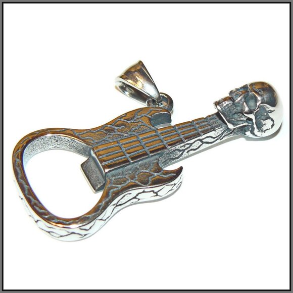 Stainless Steel Skull Guitar Gothic, Heavy Metal Pendant, Rock n Roll Pendant - Picture 2 of 6